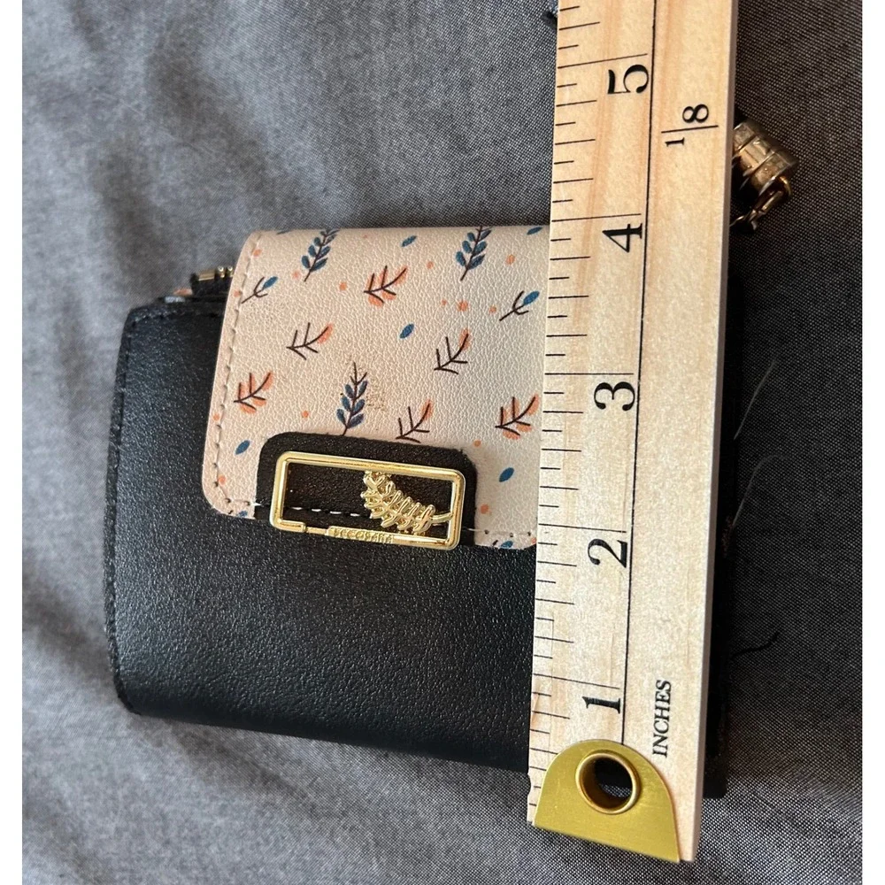 Womens Black Faux Leather Bifold Wallet Floral Snap Tassel Zipper Gold Leaf